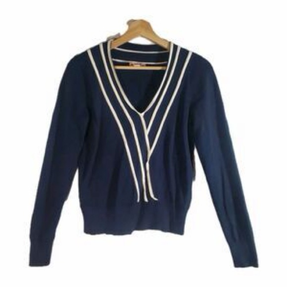Brooks Brothers Navy V-Neck Sweater with White Stripe Trim